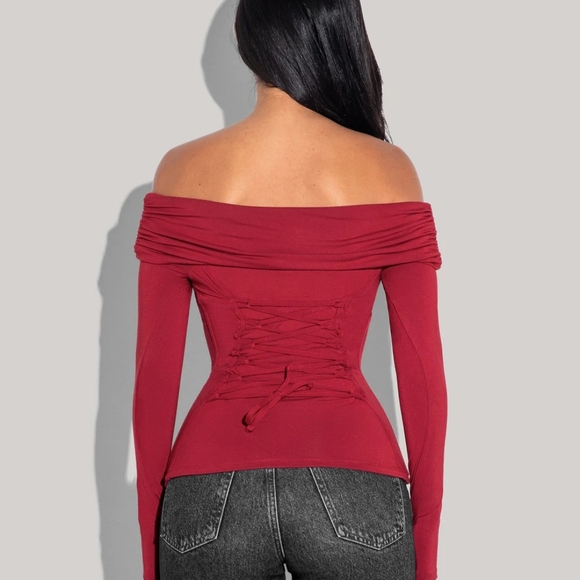 Elegant Off-Shoulder Long Sleeve Top - Red - Picture 2 of 5